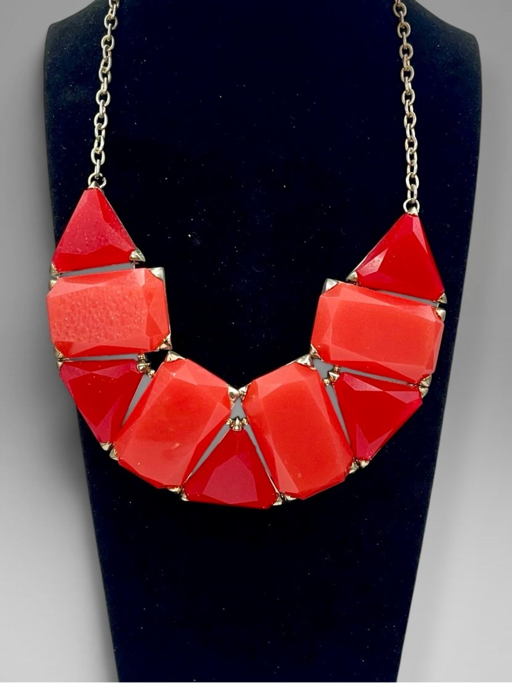 Chunky Coral Orange Geometric Statement Bib Necklace Gold Tone